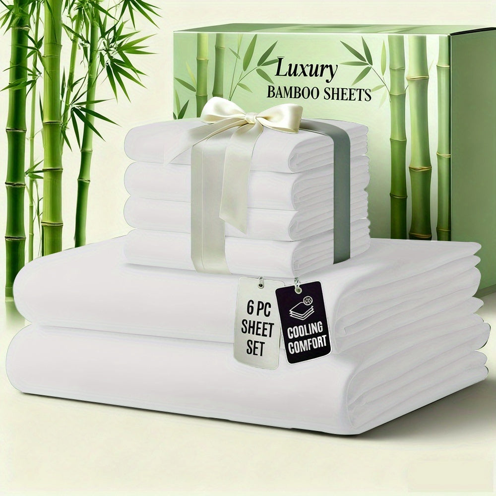 6pcs Luxury Bamboo Cooling Bed Sheet Sets - Viscose Derived From Bamboo Sheets Queen/King Size - Luxuriously Ultra Soft & Breathable Bedding Sheet Set - Deep Pocket Fitted Sheet with Bamboo Texture, Wrinkle-Resistant Soft Sheets