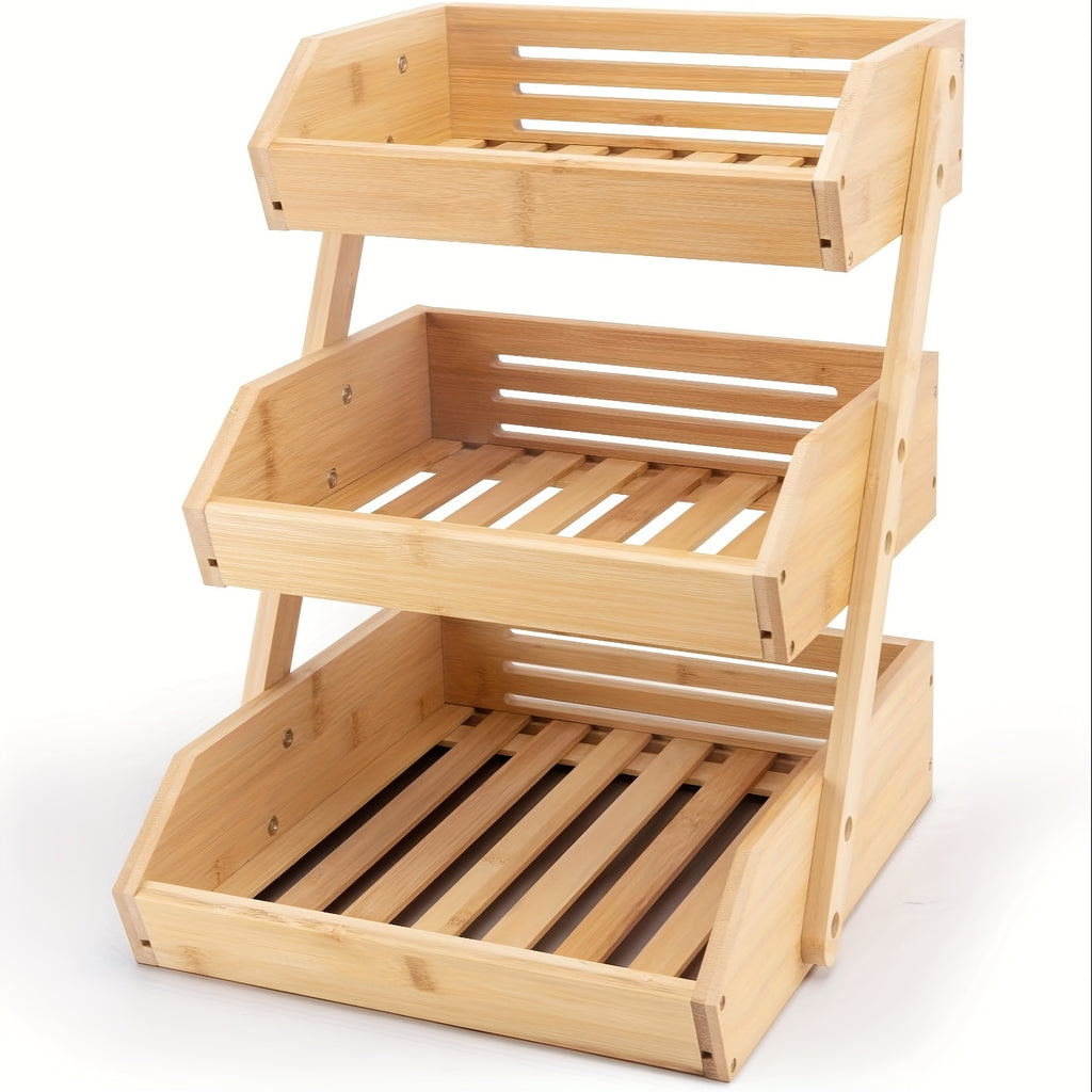 3/2-Tier Wooden Fruit Basket Stand - Large Capacity Kitchen Organizer with Open Slat Design for Vegetables, Bread & Produce | Multi-Level Countertop Storage Shelf - Easy Assembly & Natural Wood Finish