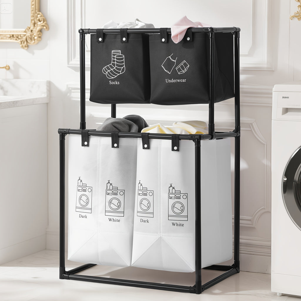 2 Compartment Laundry Hamper (No Wheels) - 2 Tier Laundry Sorter With Handles - Sturdy Metal Frame & Breathable Mesh Bags - Space Saving Clothes Organizer For Home, Apartment, Add 10 Cable Ties For Securing, Dirty Laundry Basket, Laundry Baskets