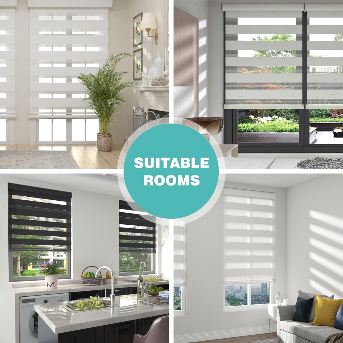 Cordless Zebra Blinds Suitable for Home Windows & Doors - Cordless Pull Down Roller Shades with Dual Layer Light Filtering & Blackout Privacy, Modern Vinyl// Window Treatments for Bedroom,, - Easy Install