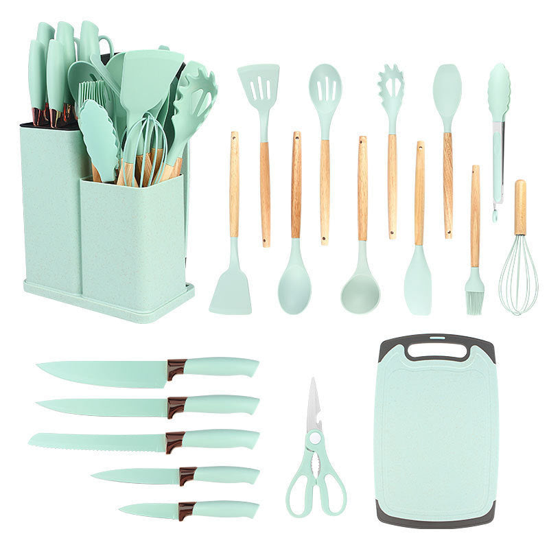 19pcs Non-Stick Silicone Cookware Set with Bamboo Storage Containers And Knives - Heat-Resistant Pots, Pans, Utensils - Kitchen Tools for Frying, Boiling - for Induction Stovetops And Ovens (Wooden Handle)