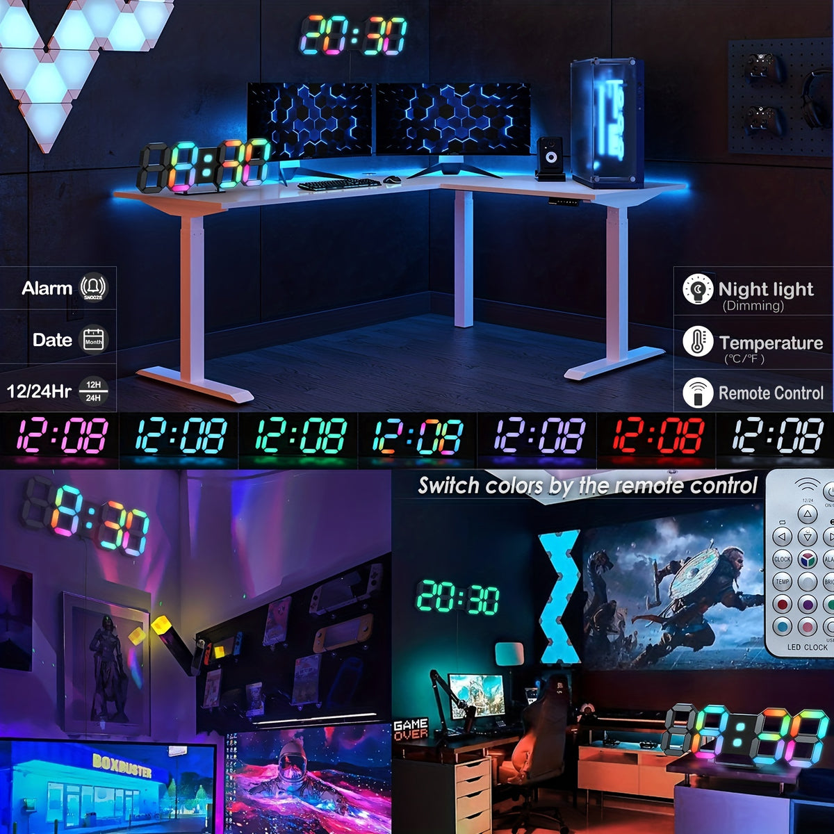 1pc RGB Neon LED Clock 9. 7" Digital Wall Clock Large Display Aesthetic Alarm Clock for Bedroom Living Room, Colorful, Remote Control, Adjustable Brightness, Date/Temperature