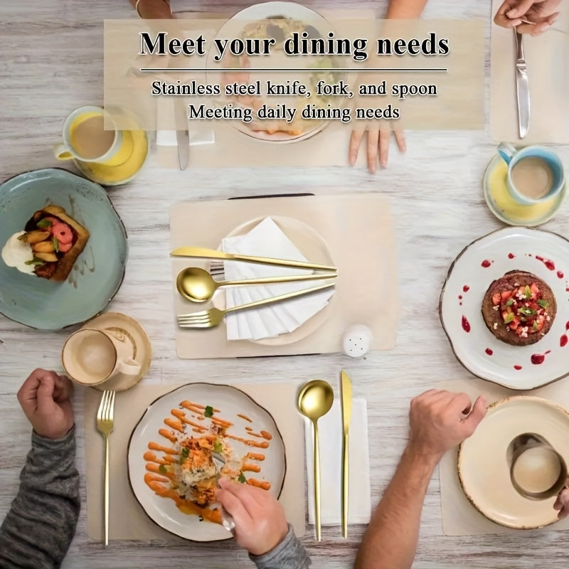 30/60pcs Stainless Steel Cutlery Set, Including Steak Knife, Fork, Spoon And Teaspoon, Dinner Fork, Dinner Spoon, Fruit Fork, Dessert Spoon, Coffee Spoon, Mirror Polished, Suitable for Family Restaurants, Hotels, Parties, Weddings, Copper Cutlery Se
