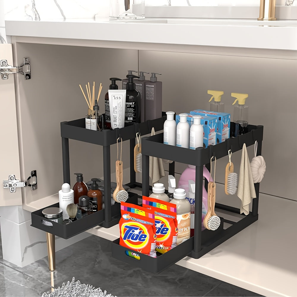 Set of 2 Under-Sink Organizers, Bathroom Cabinet Storage Solution, Dual-Tier Sliding Basket Drawers, Versatile Bath Collection Baskets for Under-Counter Storage with 8 Hooks