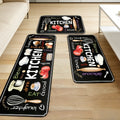 Bless This Kitchen Floor Mat Set, 3-Piece Black Decorative Rugs with Colorful Utensil and Food Print for Sink Areas, Cooking Spaces and Home Decor