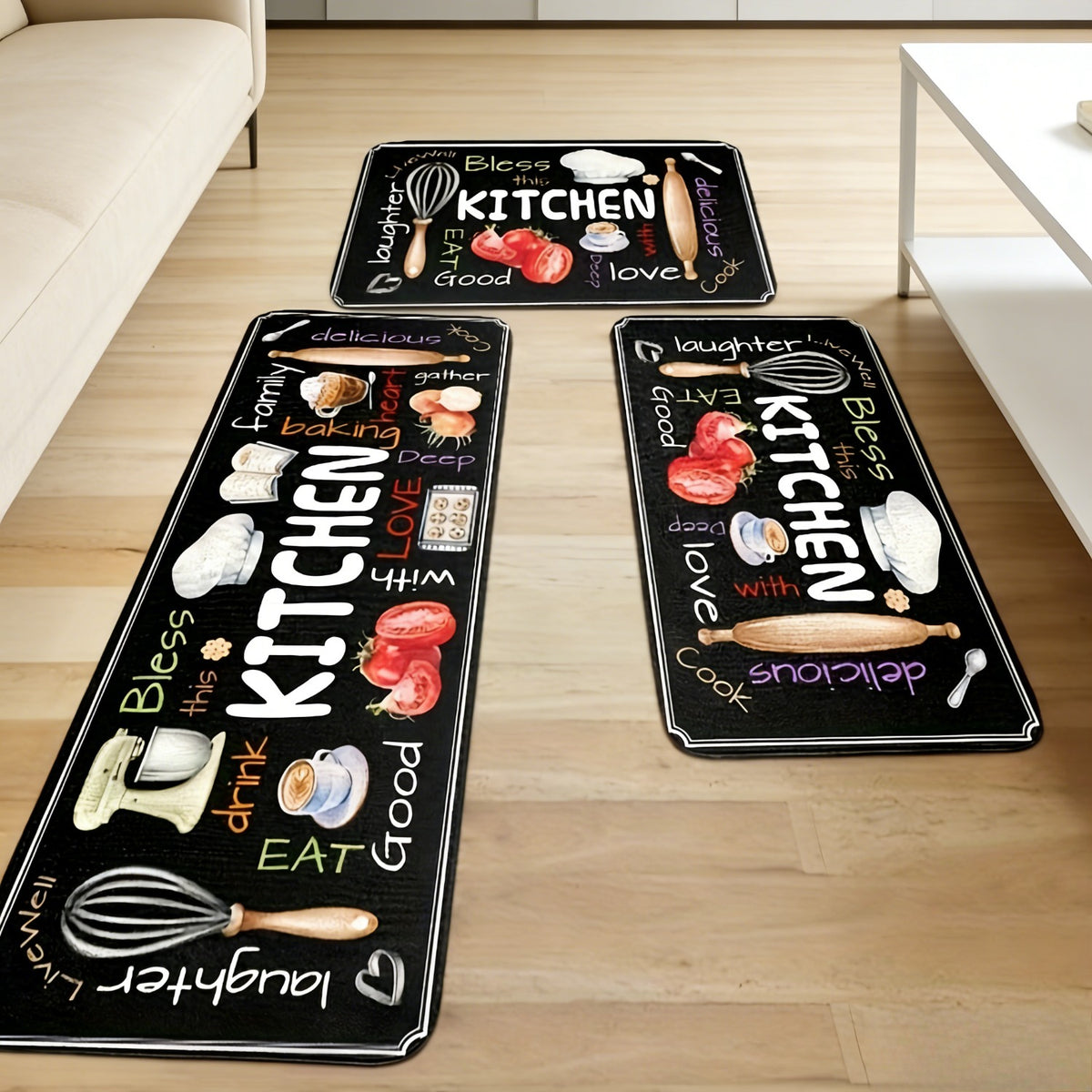 3pcs Set Of Kitchen Floor Mats, Designed with Colorful Fonts And Tableware, Soft And Comfortable, Easy to Clean, Suitable for Kitchen, Bathroom, Living Room, Home Essentials, Gifts for Family And Friend, Kitchen Accessories, Halloween Decorations