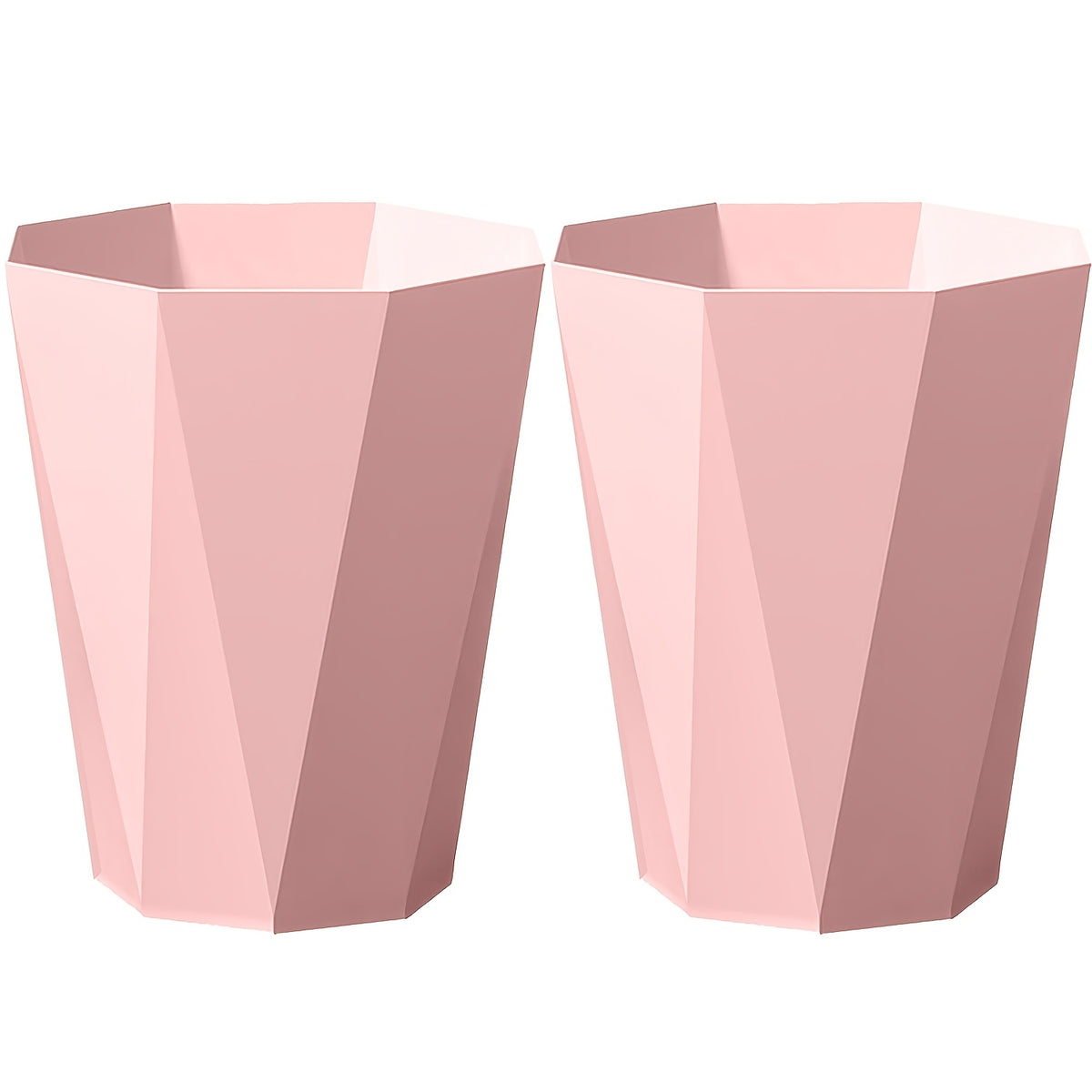 Set of Two Octagonal Trash Bins in Nordic Design, Featuring Geometric Plastic Construction with a Brushed End. These Small Open-Top Wastebaskets Are Ideal for Use in for home Offices, Bathrooms, Kitchens, And Bedrooms