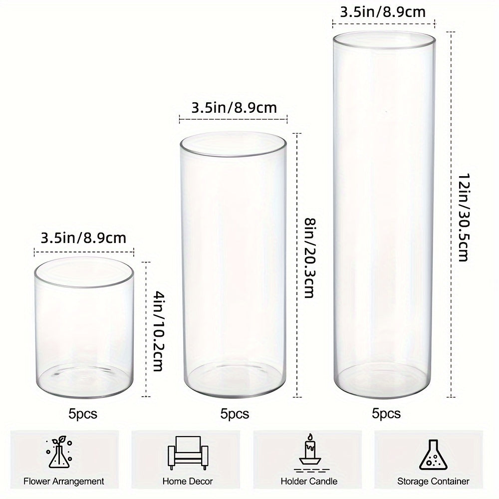 TOMNK 15/18/24/48pcs Glass Cylinder Vase in 3 Different Sizes (4In/8In/12In H), Clear Candle Holder, Tall Clear Vases for Halloween Decorations, Wedding & Party Centerpieces, Glass Flower Vase for Home Decor Party