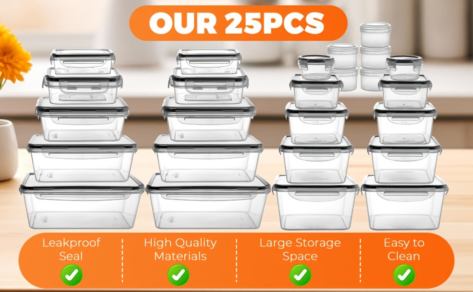 24/48/50pcs Includes 12/24/25 Containers, 12/24/25 LidsDeluxe Food Storage Container Set, High Quality - Airtight Seal, BPA-Free, Easy-Snap Lids, Stackable, Microwave Safe -, Free Labels and Kitchen Storage Marker, Perfect for Travel and Outdoor