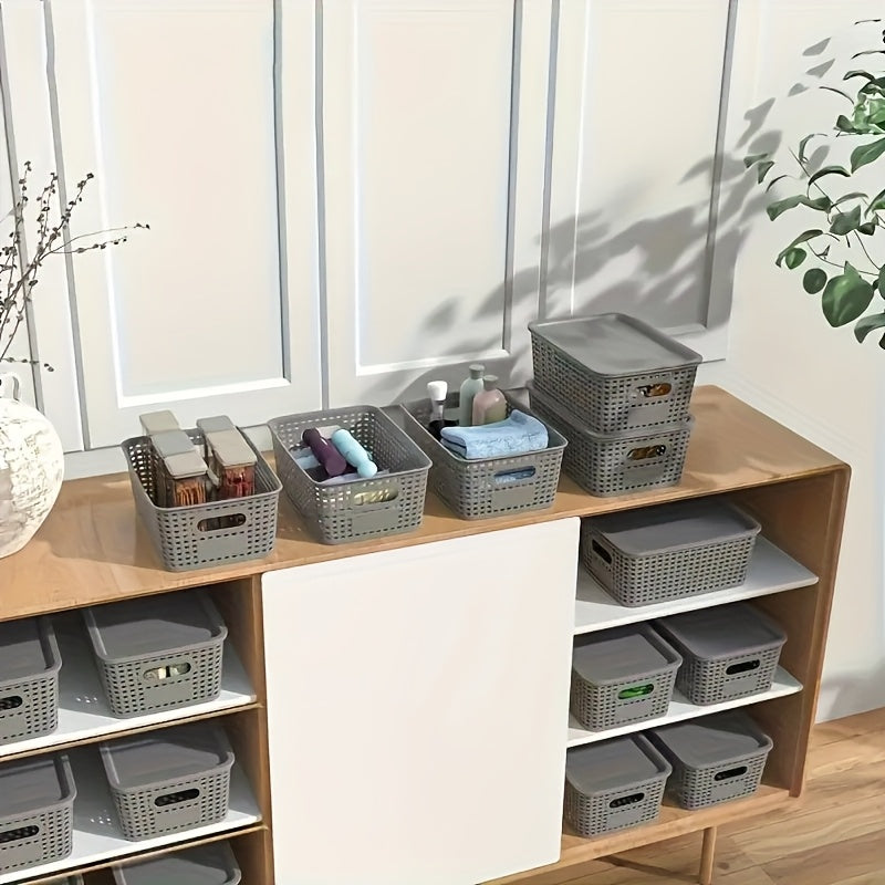 8pcs Plastic Storage Basket Set with Lids, Elegant And Spacious - Suitable for Desktop Organization, Document Storage, Storage, Home Organization - Multi-Functional Shelf Baskets