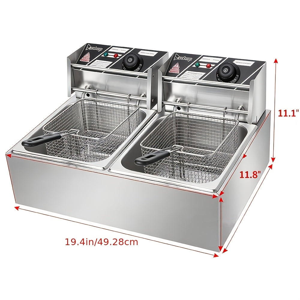Stainless Steel Electric Deep Fryer with 2 Baskets And Lids, Adjustable Temperature Control, US Plug - Outdoor/Indoor Use for French Fries, Chicken, Donuts, Commercial & Home Kitchens, Deep Fryer Basket
