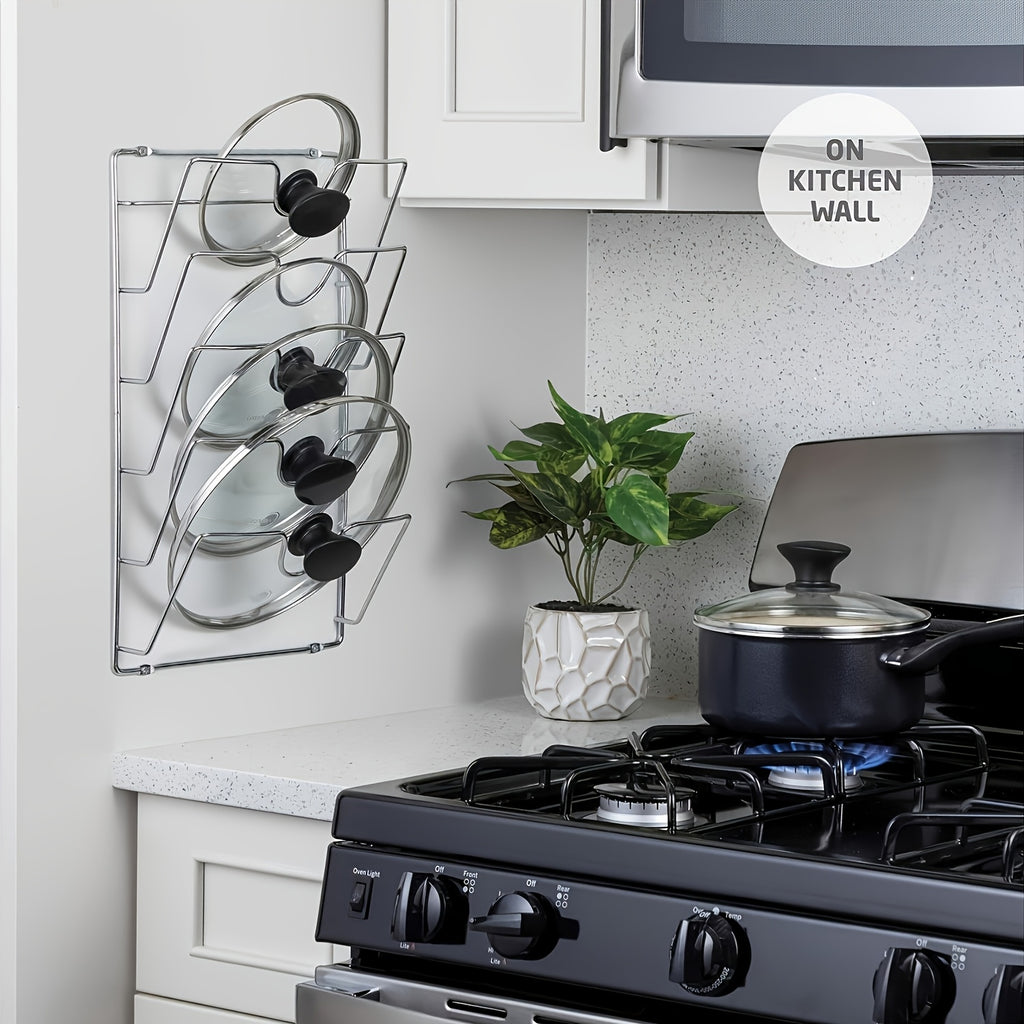 [1pc Hanging Pot Lid Organizer] 1pc Durable Metal Hanging Pot Lid Organizer, Multi-Tier Wall-Mounted Kitchen Storage Rack for Pots And Lids, Space-Saving Kitchen Accessory for Home And Restaurant Use