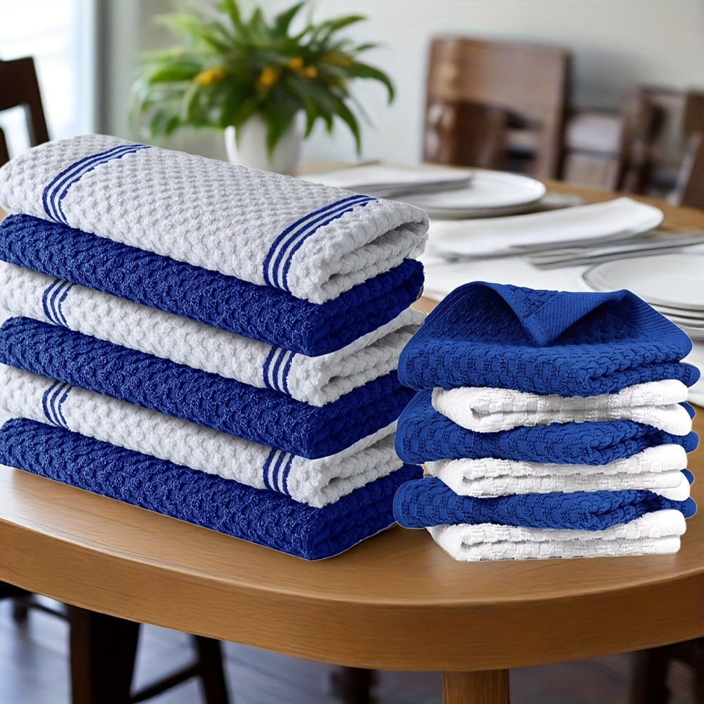 12pcs 100% Cotton Kitchen Towel Set | 6 Hand Towels (15" X 25"), 6 Wash Towels (12" X 12") - Striped Weave, Absorbent & Durable Dish Towels For Cooking, Cleaning & Drying - Perfect For Christmas & Holiday Kitchens