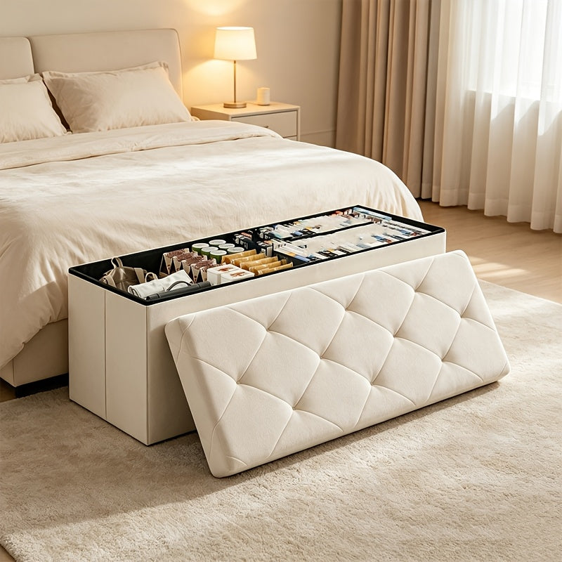 30/43 Inch Heavy Duty Folding Storage Ottoman Bench with Shoe Cabinet & Thick Padded Seat - Retro Suitable for Small Spaces, Multifunctional Footrest Stool, End of Bed Bench for Bedroom, Living Room, Entryway, Fabric,
