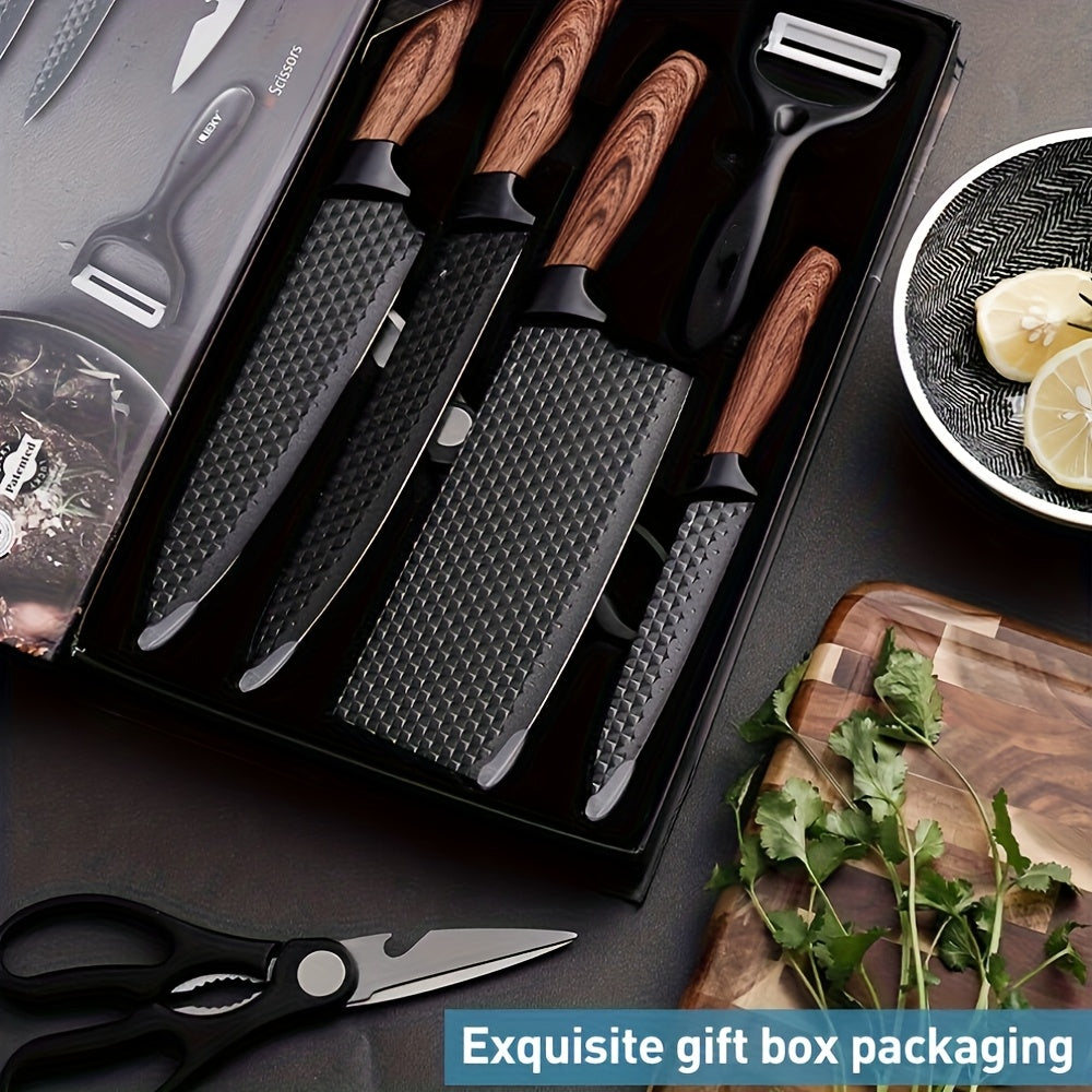 Professional 6/7pcs Cooking Utensil Set, Practical Knife, Peeler, And Scissors Made Of High-carbon Stainless Steel With Ultra-sharp Edges And Non-stick Ergonomic Wooden Handles. Chef'S Knife Set, Suitable For Family Travel, Vegetable, Meat