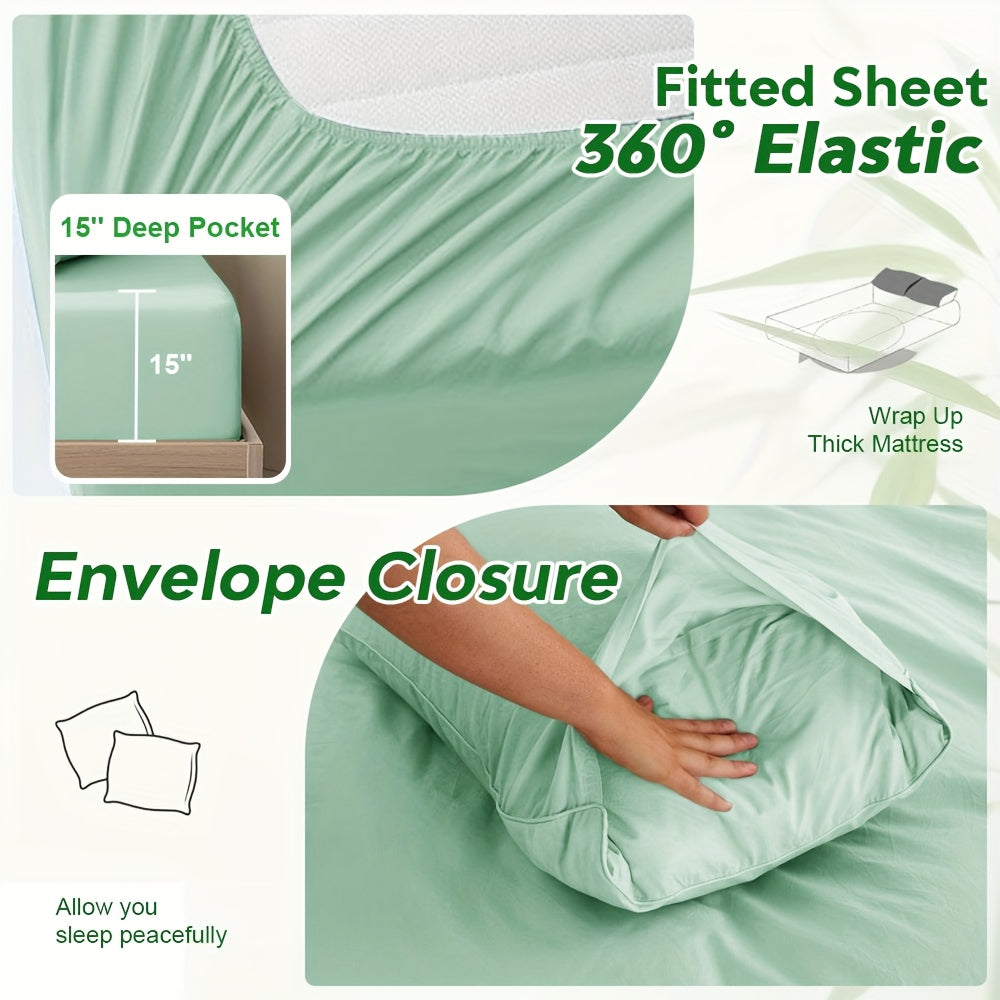 6pcs Bamboo Blend Bed Sheet Set-Flat Sheet, Fitted Sheet And 4 Pillowcases, Luxury Breathable Sheet Set, Ultra Soft Sheet for Hot Sleepers, Deep Pocket, King/Queen/Full/Twin