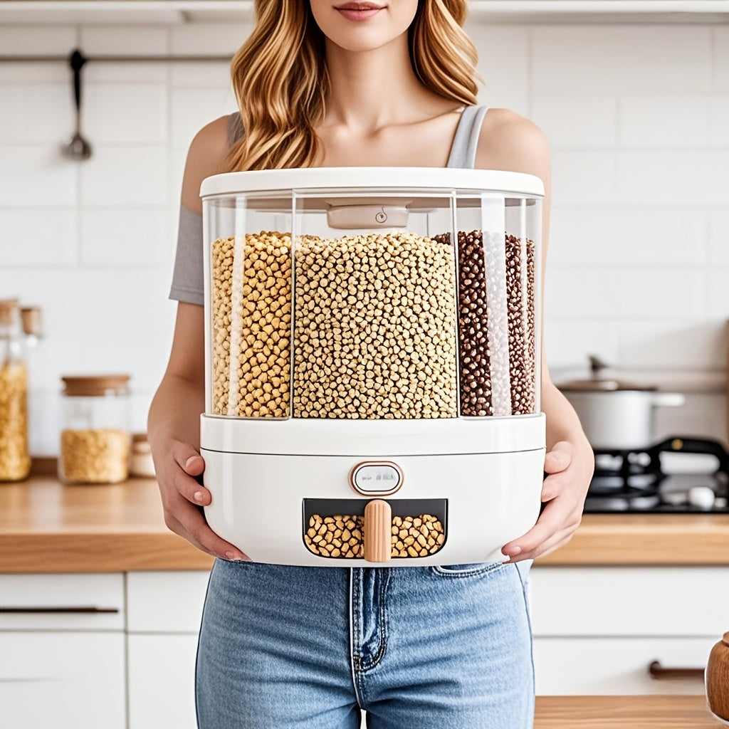 Rotating for rice Bucket | 6-Grid Cereal Dispenser, Large Capacity for rice Bucket | Airtight Dispenser with a Transparent Window, Features Moisture-Proof And Insect-Proof Design, Suitable for Rice, Cereals