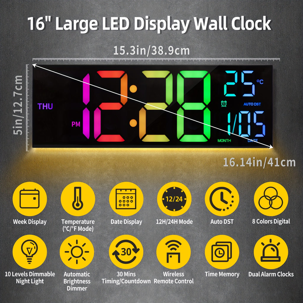 16.5'' Large Digital Wall Clock with Remote Control, Big LED/2 Alarms/8 RGB/Auto Brightness/Date/Auto DST/Temperature/Ambient Light/Dimming/Timer, Gym Clocks for Living Room, Bedroom, Office, Kitchen Home Decor, Easter Decorations, Mother's Day Gifts
