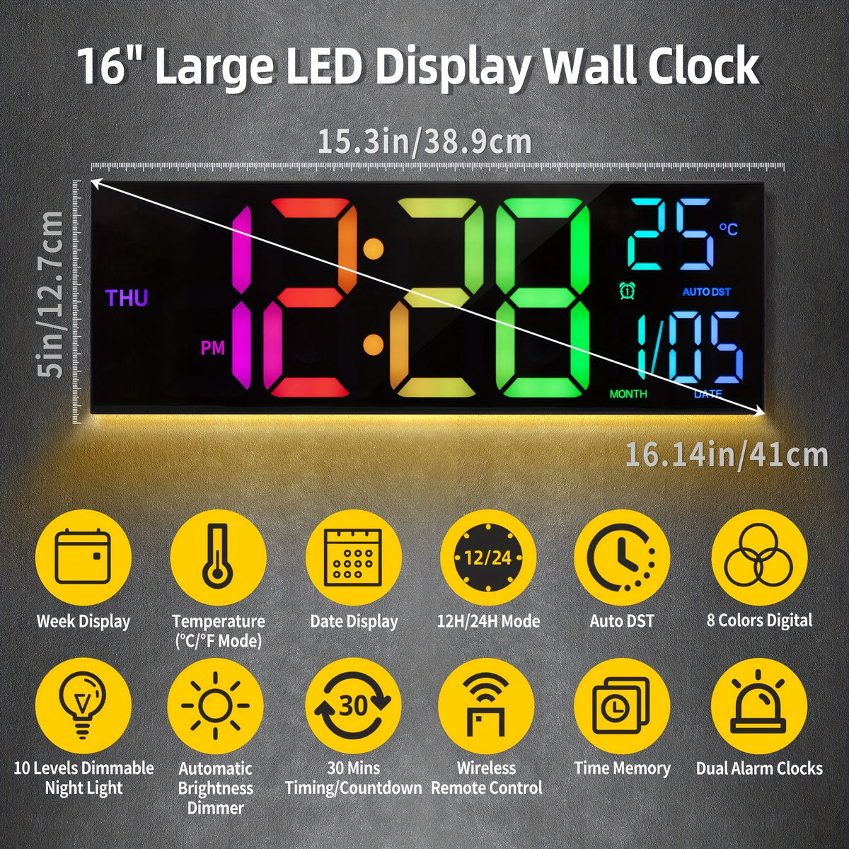 16.5'' Large Digital Wall Clock with Remote Control, Big LED/2 Alarms/8 RGB/Auto Brightness/Date/Auto DST/Temperature/Ambient Light/Dimming/Timer, Gym Clocks for Living Room, Bedroom, Office, Kitchen Home Decor, Easter Decorations, Mother's Day Gifts