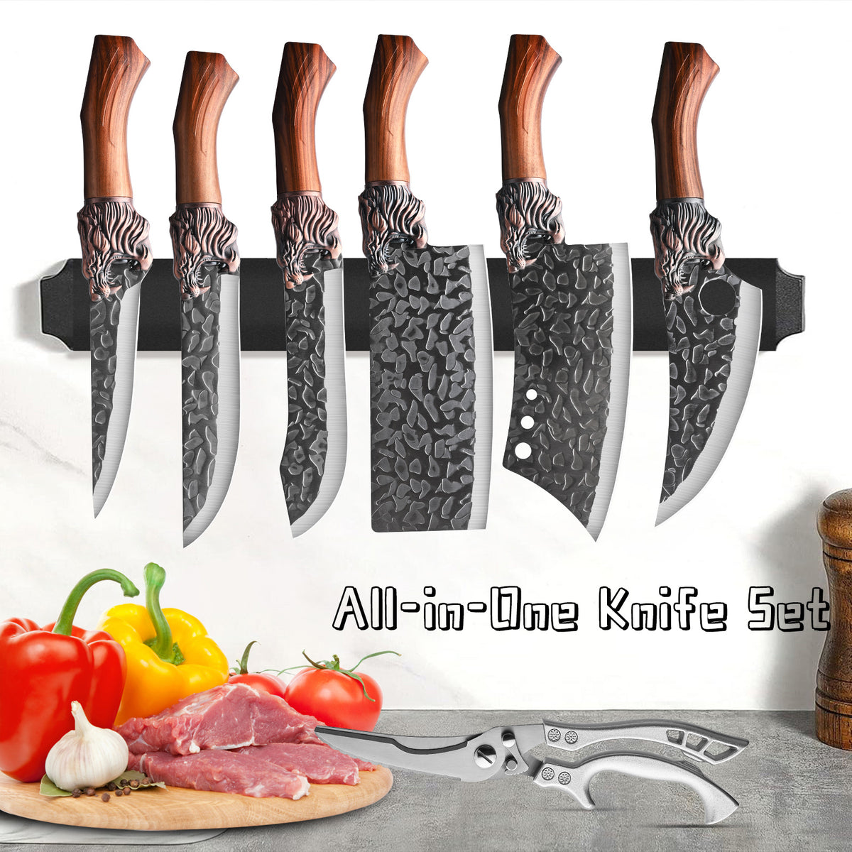7pcs Chef Knife Set, Hand Forged Damascus Style Blade with Brown Wood Handle, V-shaped Sharp Blade, Suitable for Meat, Fish, Vegetables, Fruits, Professional Kitchen Knives, Suitable for Home Chefs And Chefs (ideal Gift) - Ergonomic Grip
