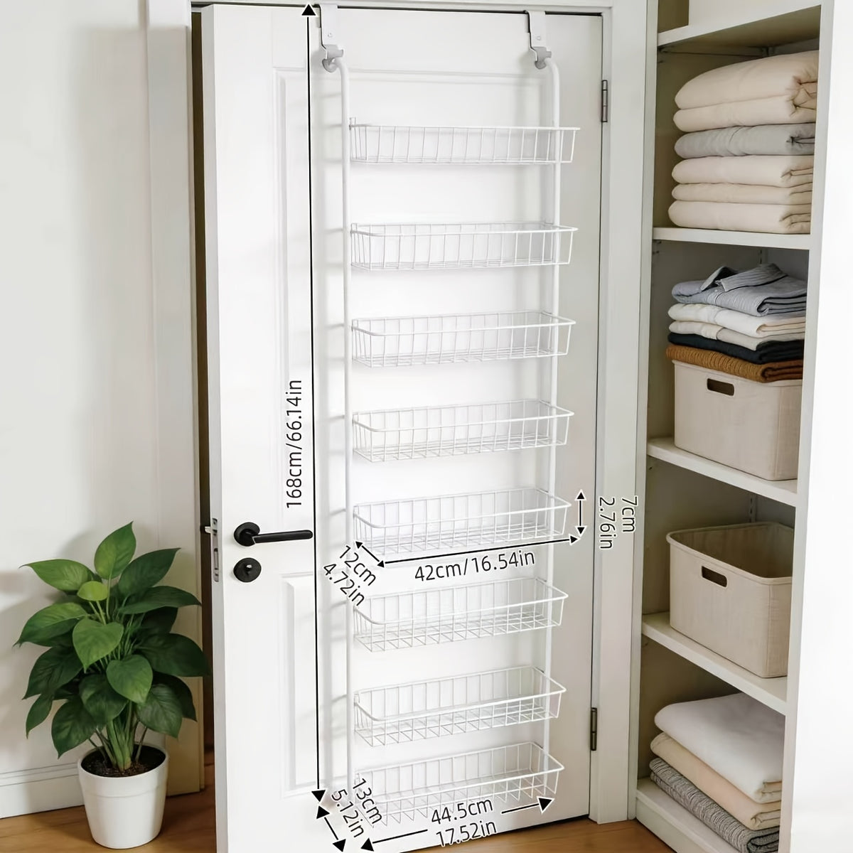 Over the Door Pantry Organizer with Adjustable Metal Baskets, 6 or 8 Tier Hanging Spice Storage Rack in Black or White for Kitchen Bathroom and Laundry