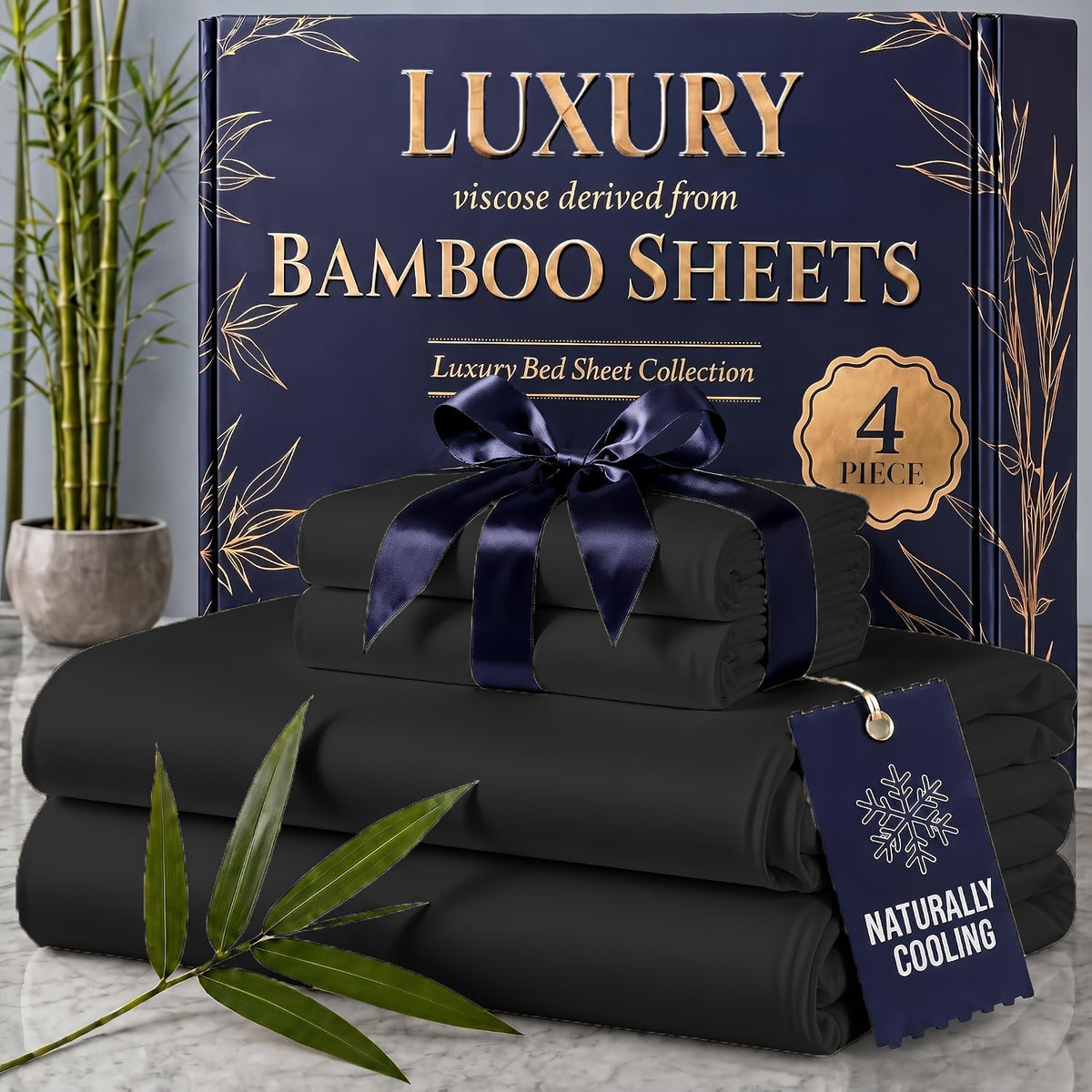 4pcs Cooling Bamboo Blend Sheet Set, Breathable Soft Sheets for Hot Sleepers, 14-Inch Deep Pocket, Twin/Full/Queen/King, Kids Room Decor, Christmas Holiday Home Decor