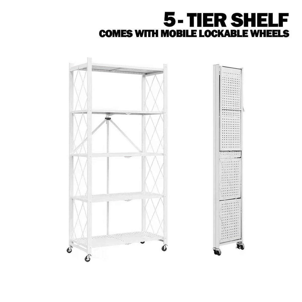 3/4/5- Tier Movable Vertical Multi-Functional Storage Racks, Portable Metal Folding Storage Racks with Locking Wheels, Large - Capacity Kitchenware Storage Racks That Require No Installation. Suitable for Families, College Dormitories