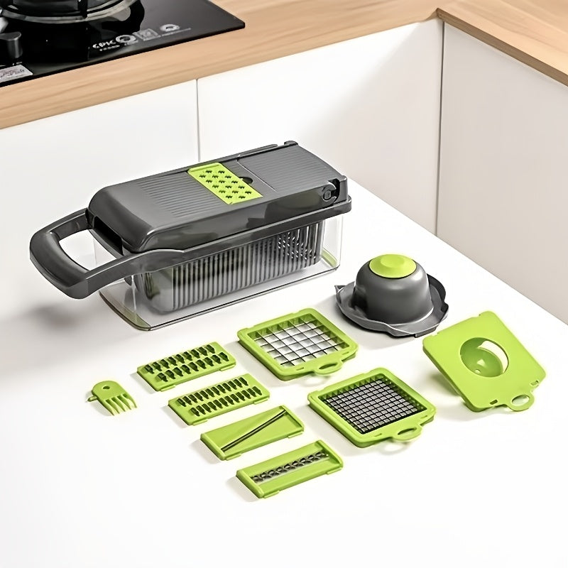 14-in-1 Multifunctional Vegetable Chopper with Large Capacity Collector | Stainless Steel Blades, Manual Operation, Includes Egg Separator, Easy to Clean, Ideal for Dicing, Slicing, and Grating Vegetables and Fruits