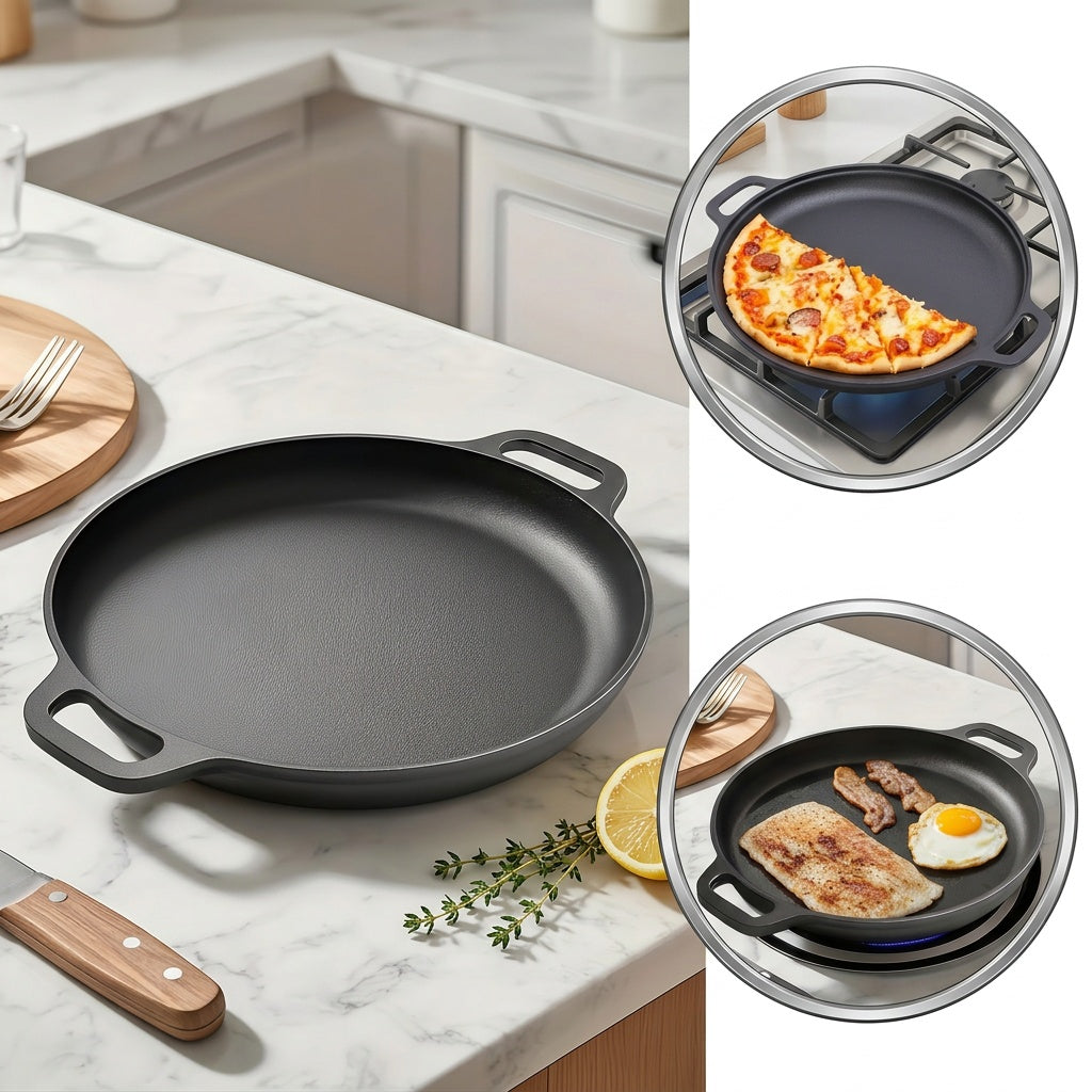 1/2/4pcs Pre-Seasoned Cast Iron Skillet with Dual Loop Handles - Multi-Function Non-Stick Griddle Pan for Pizza, BBQ, Pancakes | Oven, Stovetop, Grill & Campfire Safe | Even-Heating Durable Kitchen Gadget for Home & Outdoor Cooking