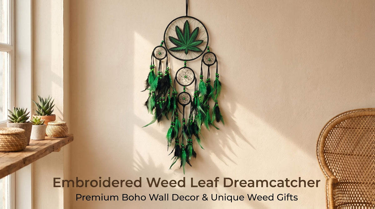 Bohemian Leaf Embroidered Dream Catcher with Feathers & Leaf Pot - Fabric Weed Gift for Women/Men, -Themed Tale Decor for Christmas, Bedside, or Cabin (Embroidery, Not Smokeable)