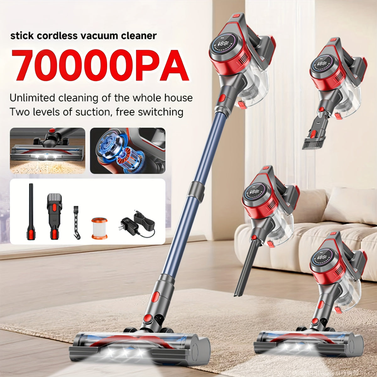 45-70Kpa Powerful Vacuum Cleaner Kits (Corded / Cordless) & Motor Only Option Available, Stick Vacuum with 45min Runtime, Anti-Tangle Vacuum Cleaners, 50.72oz Dust Cup, Rechargeable Corded and Wireless Vacuum for Hardwood Floor Carpet Pet Hair