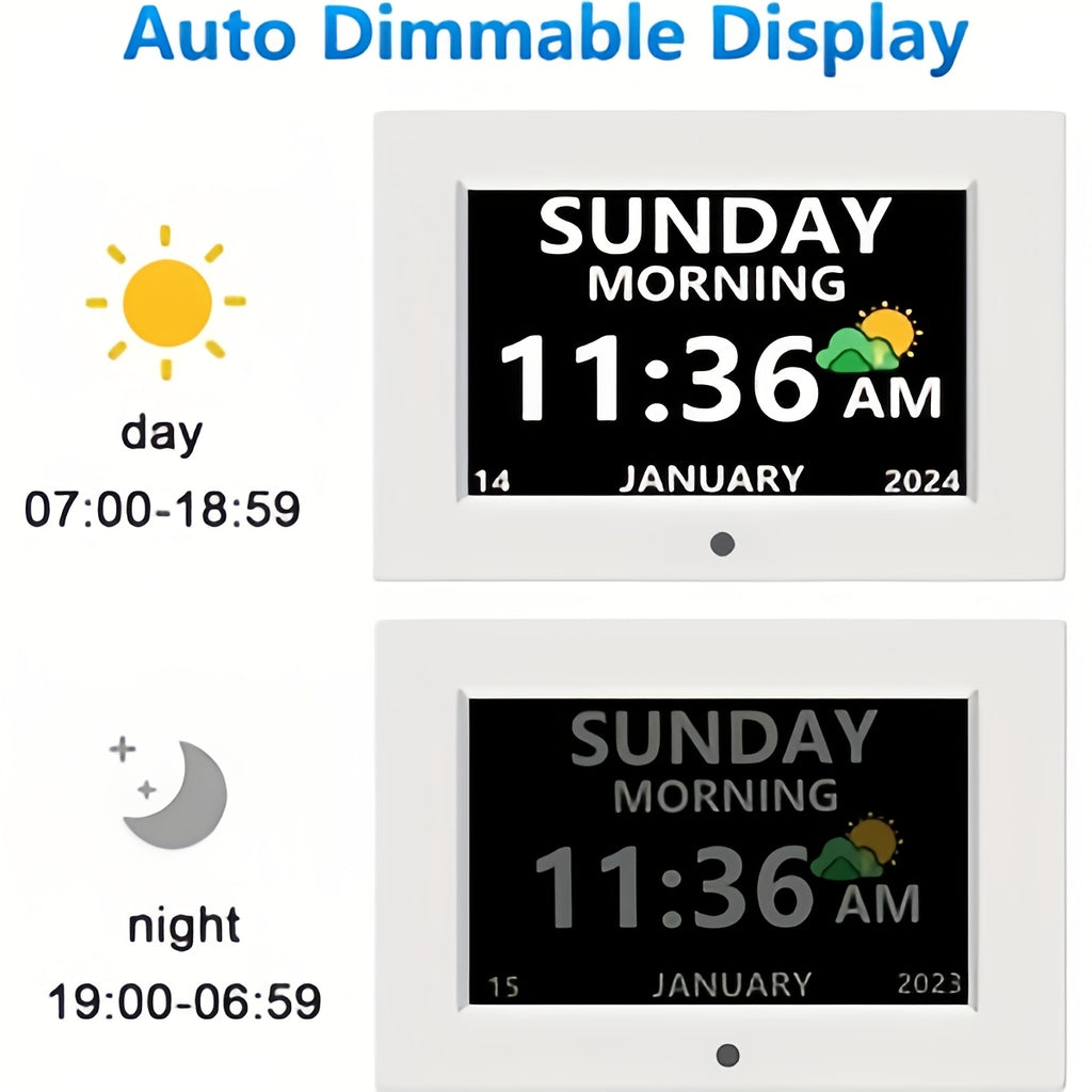 Digital Calendar Day Alarm Clock, Auto Dimmable And Sun Moon Icons, 12 Alarm Options & 18Languages, Large Digital Wall Clock, Gifts for Alzheimers, Elderly, Seniors Or Impaired Vision