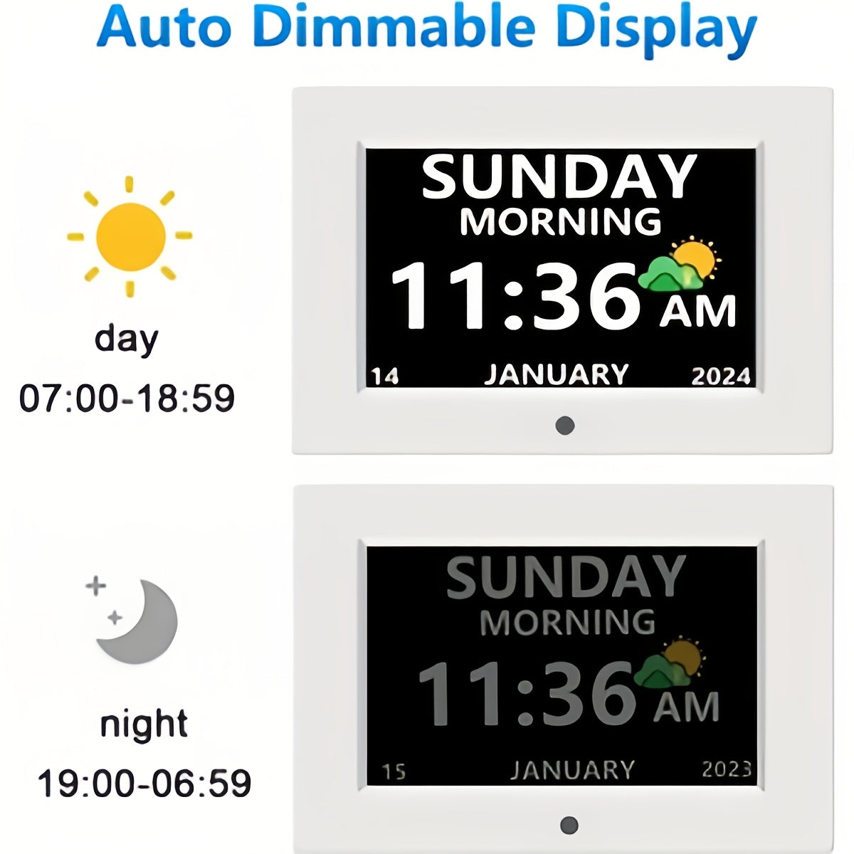 Digital Calendar Day Alarm Clock, Auto Dimmable And Sun Moon Icons, 12 Alarm Options & 18Languages, Large Digital Wall Clock, Gifts for Alzheimers, Elderly, Seniors Or Impaired Vision