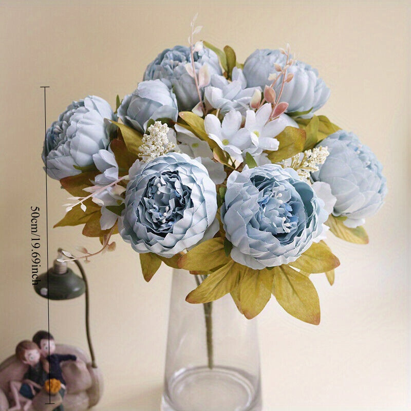 13-Head Artificial Peony Bouquet with Realistic Blooms & Lush Green Foliage - UV-Resistant Plastic Flowers with Sturdy Stems, Multi-Color Options (Pink, Red, White, Blue, Purple, Yellow, Lavender, Peach, ) for Weddings, Home, Garden, Office Decor - Indoor