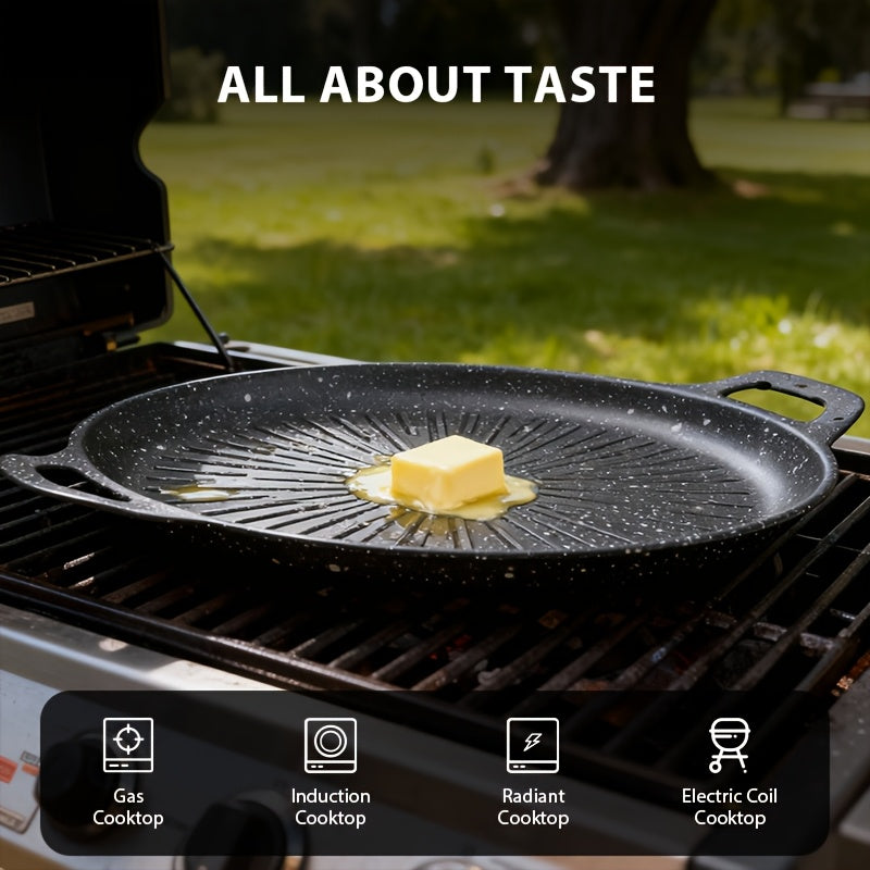 Nonstick Grill Pan with Oill Brush, Griddle Pan with Oil Drain Groove Even Heating, for Grilling And Sauce Locking- Pizza, Eggs, Grilling, Crepes, Easy Clean, Portable Frying Pan for Camping Cookware, Family Gatherings & Restaurant Use