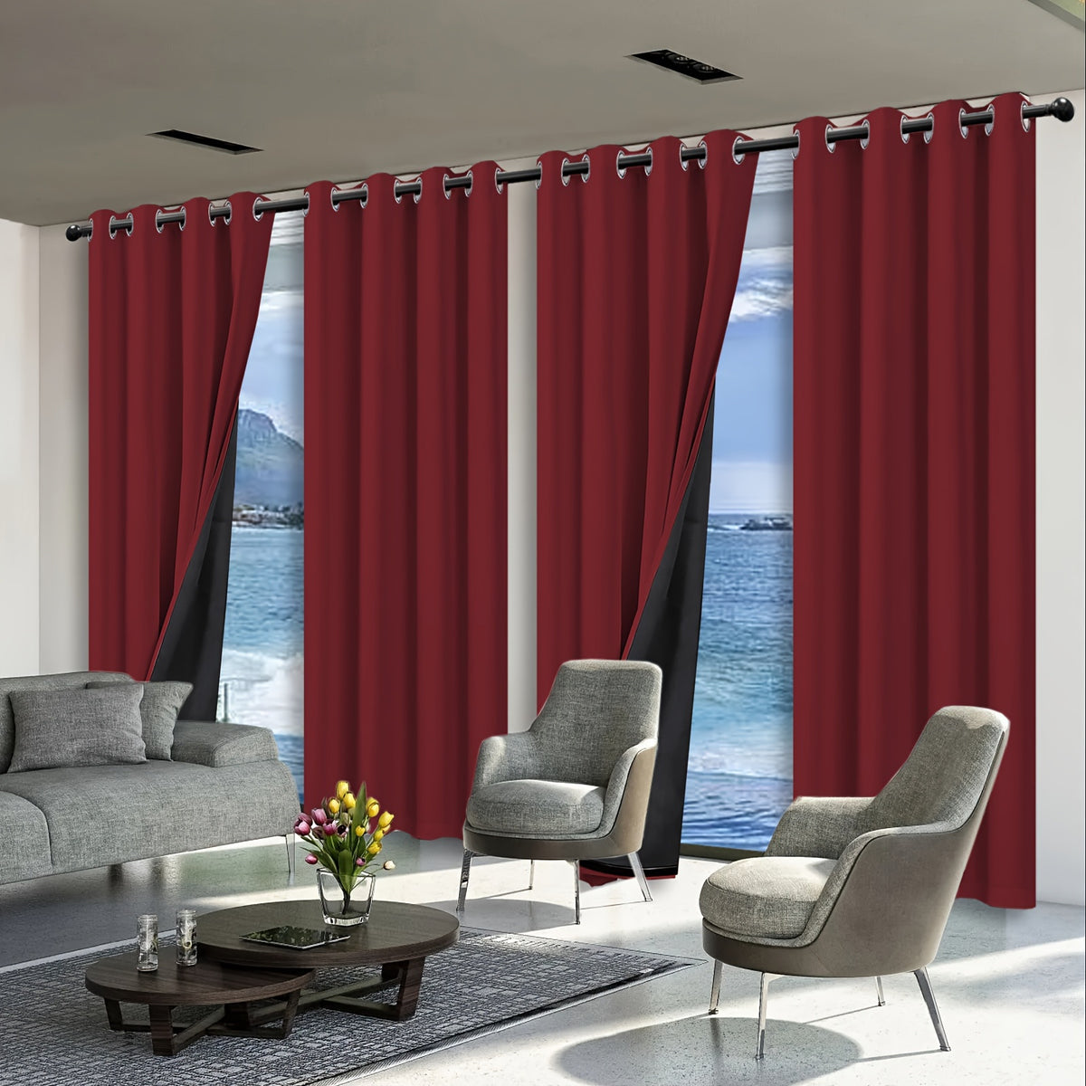 Set of 4 Complete Blackout Curtains for The Bedroom Featuring a Black-Coated Film for Total Light Blockage And Thermal Insulation with Ring Top Design