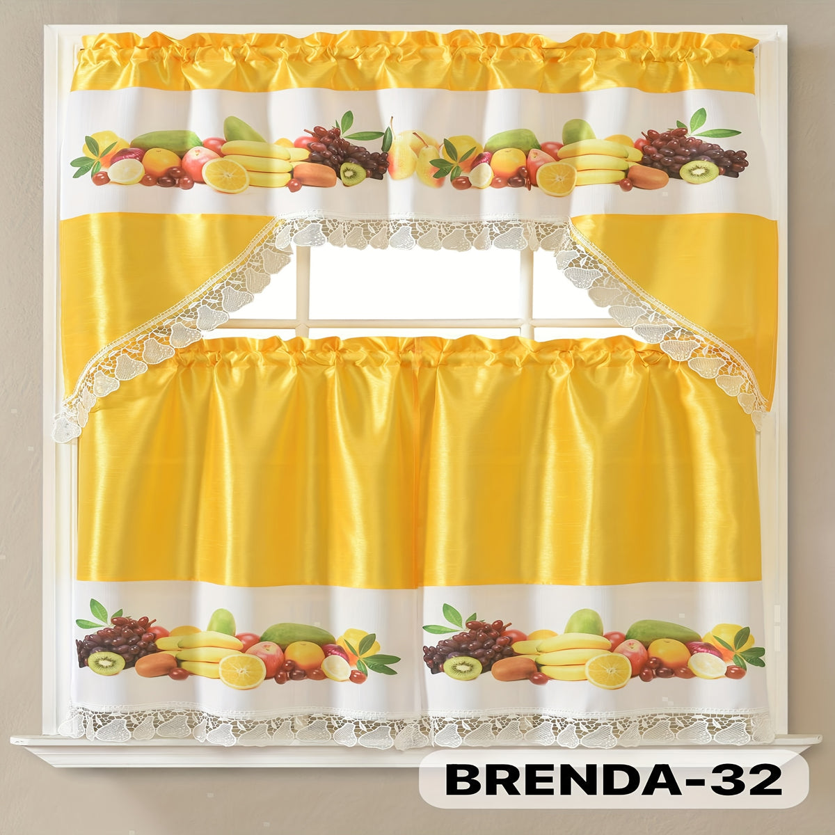 3pcs Bamboo Embroidered Kitchen Curtain Set, Floral Embroidery, Lightweight and Soft, Easy Care, Machine Washable, Satin Fabric, Embroidered