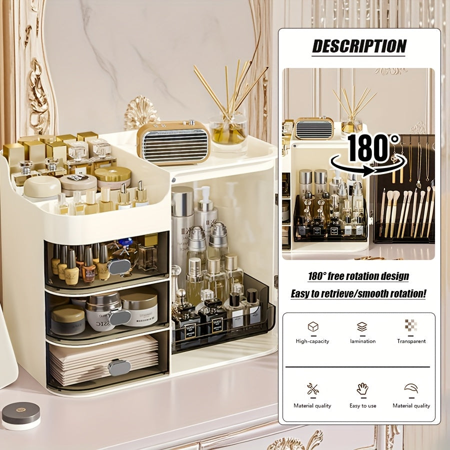 Makeup Storage Box And Beige Care Product Storage Box, A High-capacity Cosmetic Storage Solution. Cosmetic Storage Cabinet with 3 Drawers And Mirrors, Colored Contact Lenses Display Case Bathroom Vanity Organizer, for Home And Bathroom Storage