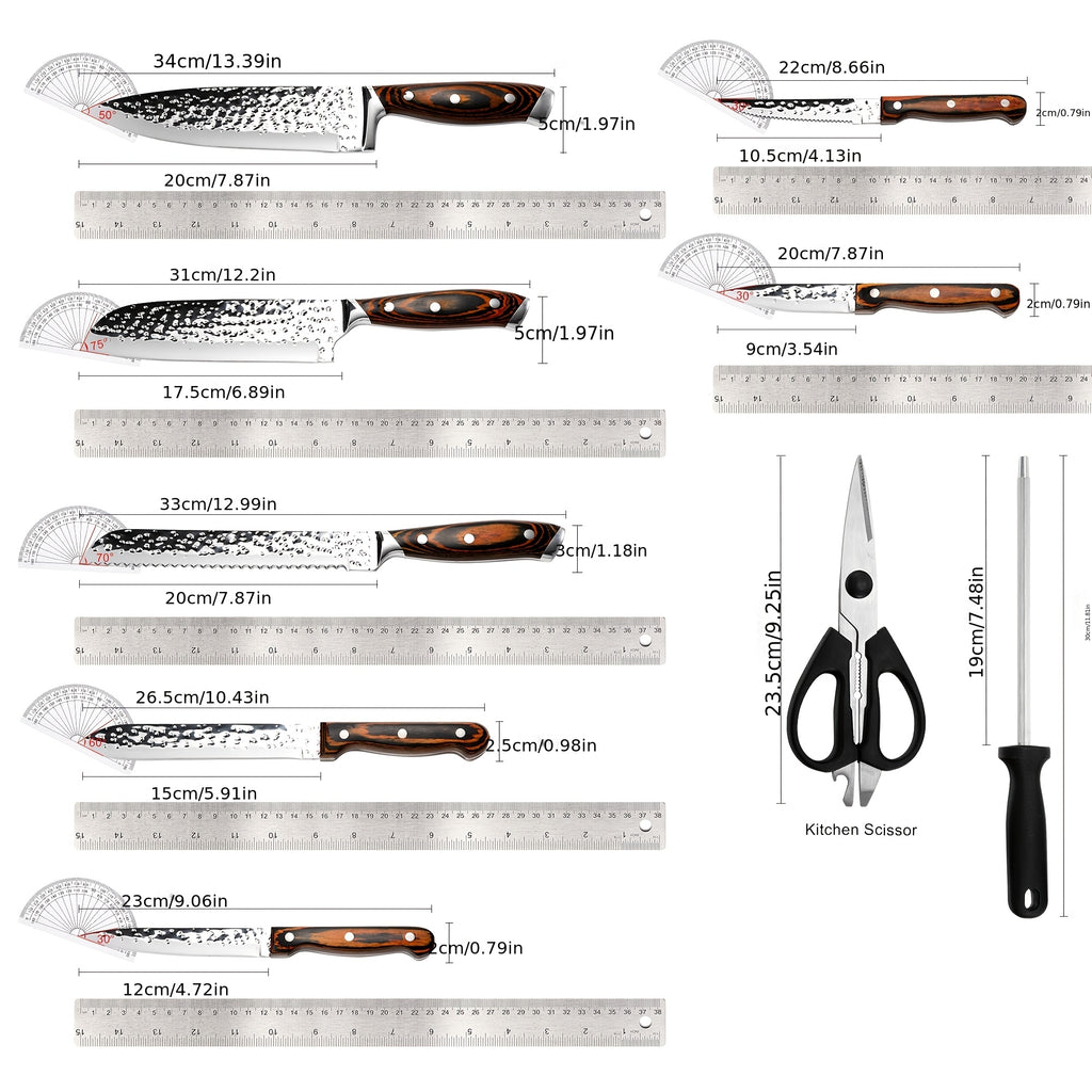 Kitchen Knife Set, 15pcs Knife Set With Block Wooden, Self Sharpening For Chef Knife Set, Medium Carbon Stainless Steel Hammered Knife Block Set With Steak Knives, Knives For Men, Boxed Knife Sets For Kitchen, For Family Gift, Local Warehouse