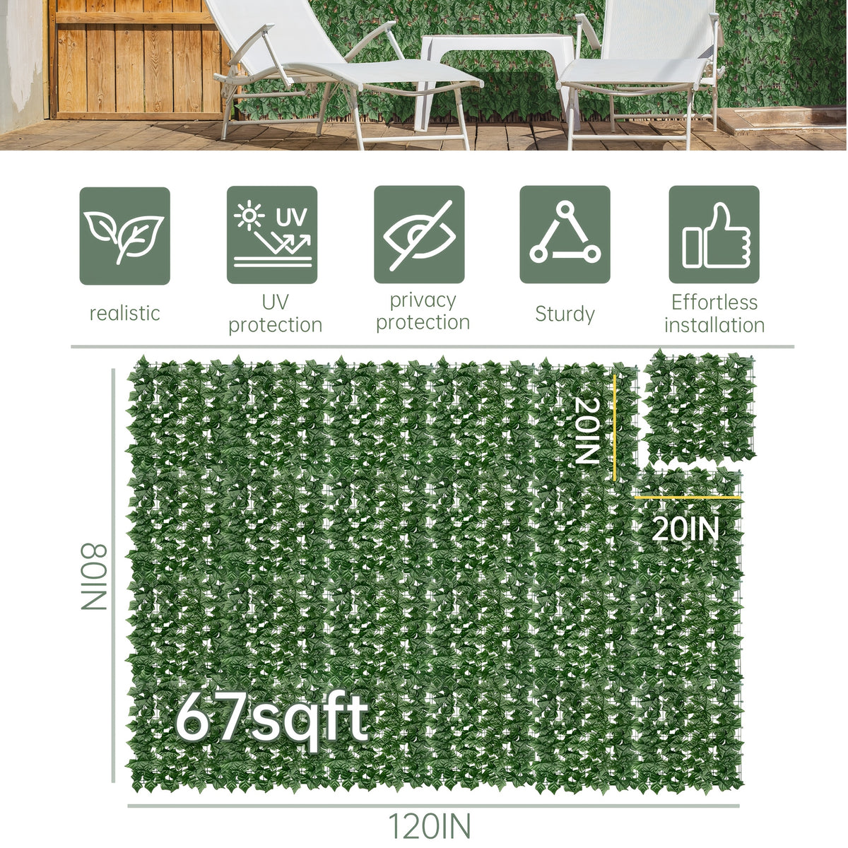 60X120in Artificial Ivy Privacy Fence Screen: Realistic UV-Anti Faux Ivy Hedge Panel, Indoor And Outdoor Decor for Patio, Garden, Balcony, And Fence Cover