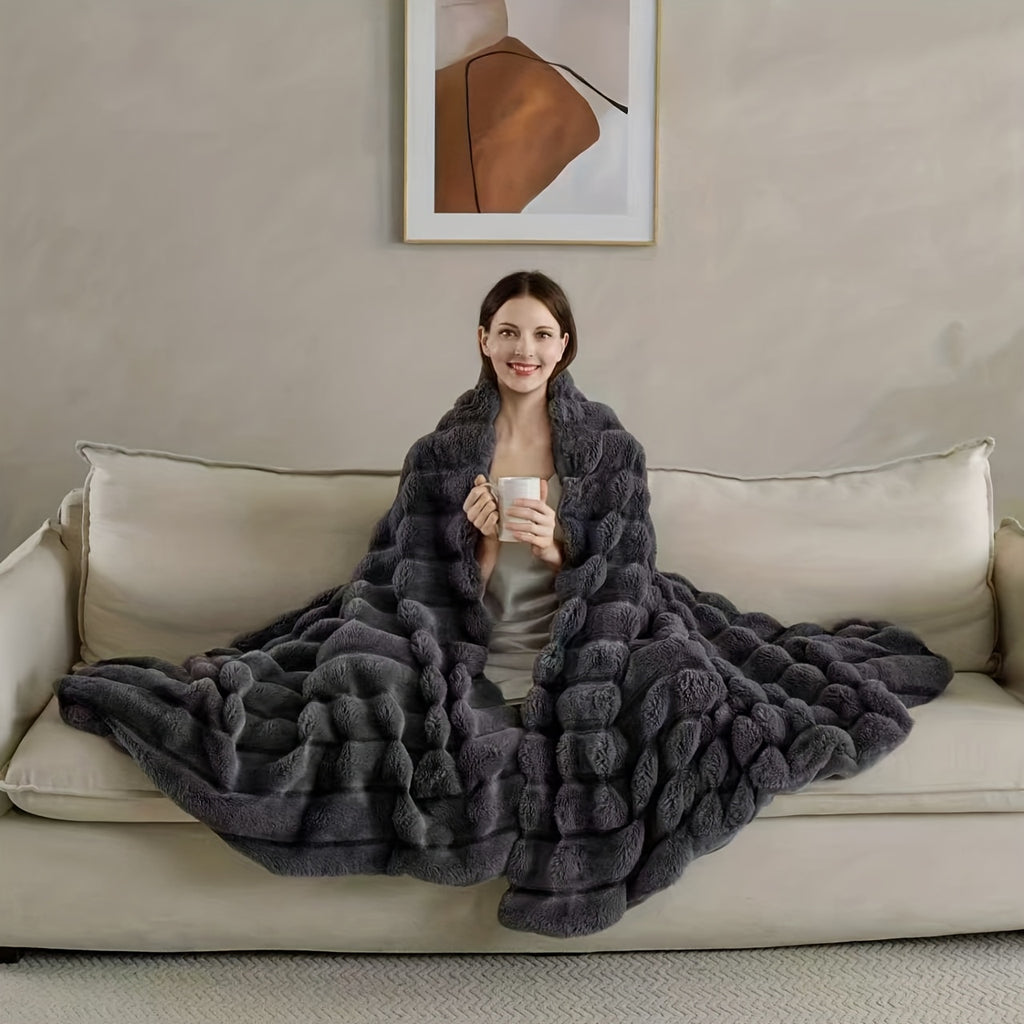 A Faux Rabbit Fleece Blanket, Double Layer Thickened, All Season, King/Queen Size, Winter Blankets Soft Warm, Throw For Adults Reversible Machine Washable Blanket, For Home, Car, Office, Travel, Couch Cover, Christmas, Halloween Gift, Birthday Gift