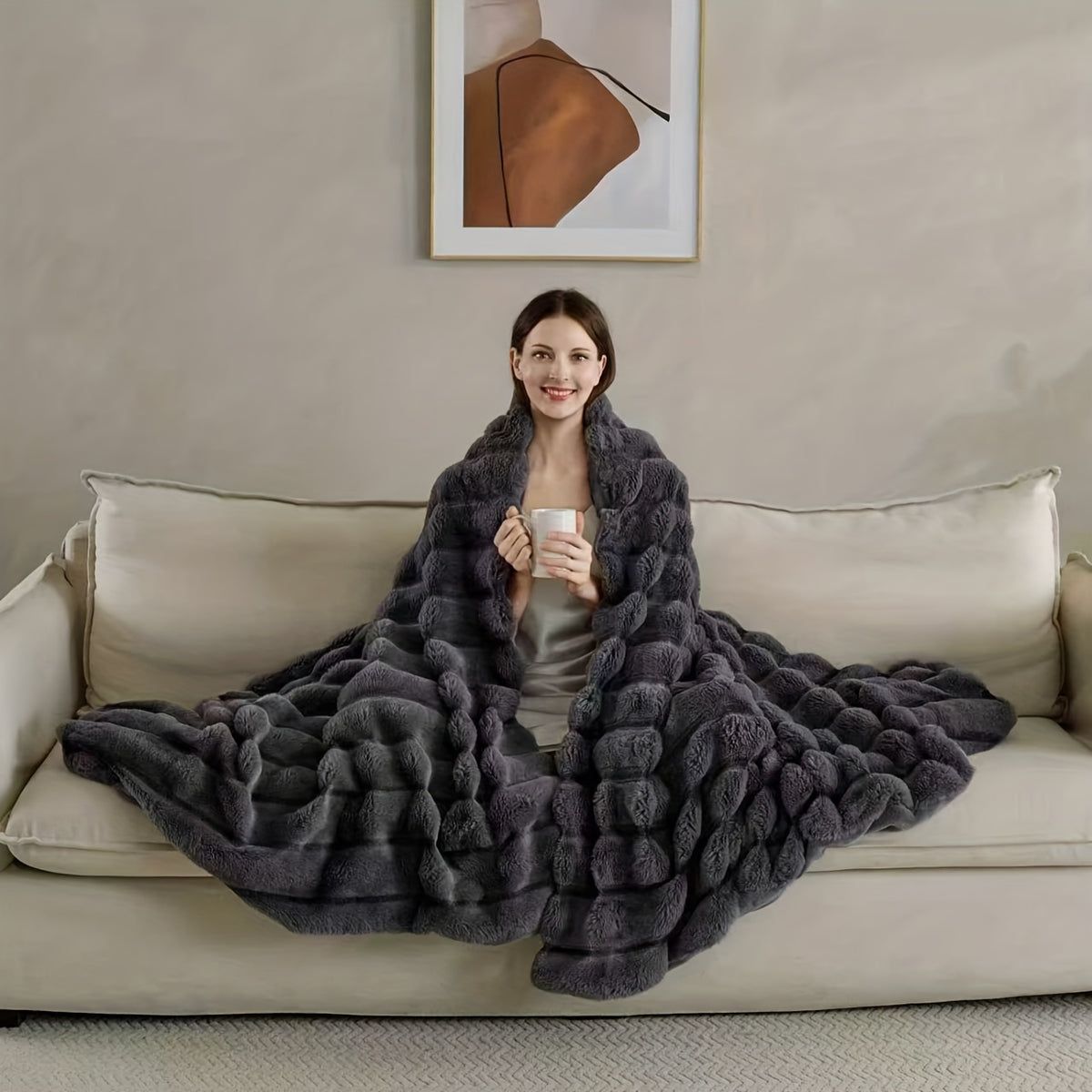 A Faux Rabbit Fleece Blanket, Double Layer Thickened, All Season, King/Queen Size, Winter Blankets Soft Warm, Throw For Adults Reversible Machine Washable Blanket, For Home, Car, Office, Travel, Couch Cover, Christmas, Halloween Gift, Birthday Gift