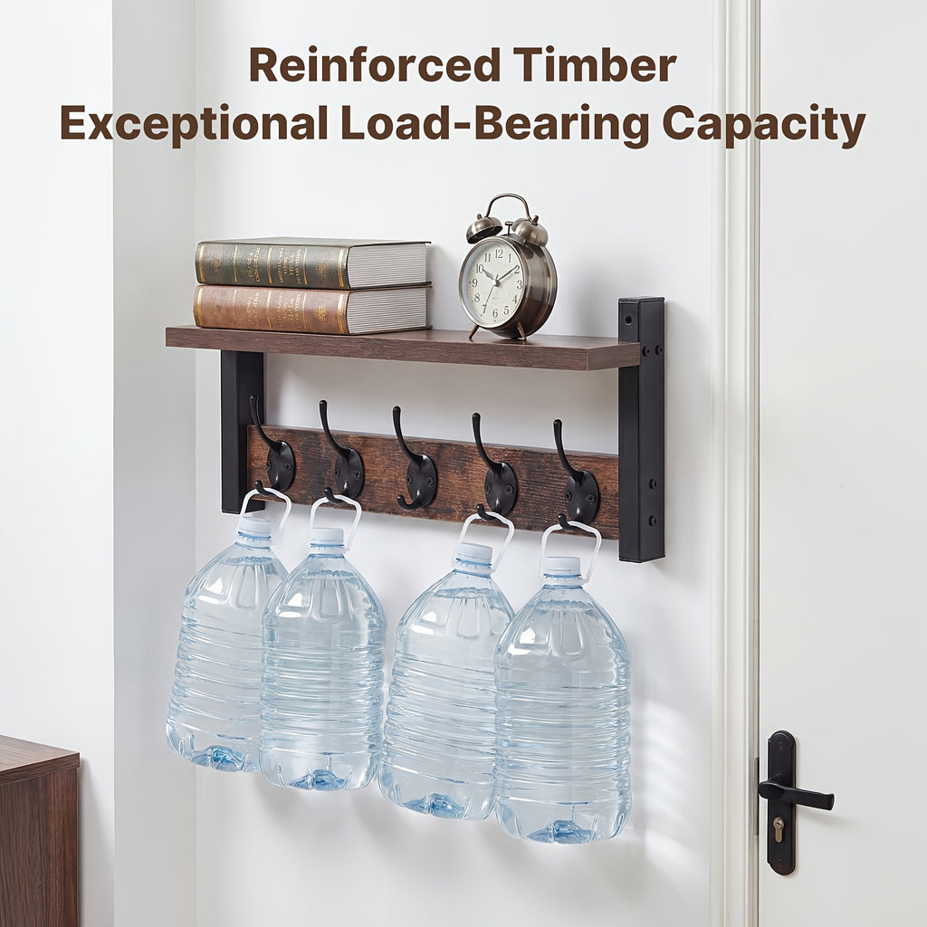 Wooden Wall-Mounted Shelf - Coat And Key Organizer with Floating Shelf And 5 Hooks, Key Rack for Bedroom And Entryway Storage, Towel Organizer for Bathroom, Suitable for Kitchen, Living Room, Bedroom, Bathroom