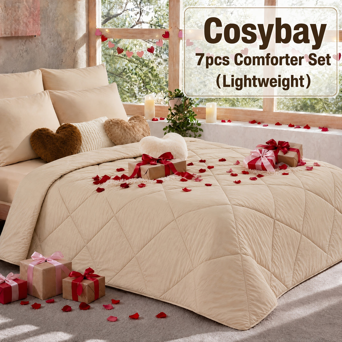 Cosybay 7 Piece Pinch Pleated Comforter Set Queen King Size, Luxury Soft Fluffy Bedding Includes 1 Comforter, 1 Extra Deep Pocket Fitted Sheet, 1 Flat Sheet, 4 Pillowcases & Pillow Covers, Perfect for Halloween Party, Holiday Celebrations & Birthday