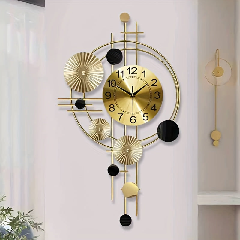 Nordic Decorative Wall Clock, Gold and Black Metal Geometric Wall Art with Analog Numbered Dial and Silent Design for Living Room and Bedroom