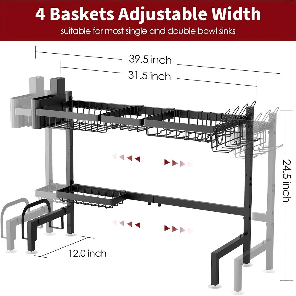 Expandable Multi-Tier Black Kitchen Organizer with Dish Rack, Drainage Tray, Spice Shelf & Towel Holder - Space-Saving Sink Storage for Dishes, Utensils | Durable Black Metal | Dustproof Design, Kitchen Accessories, Kitchen Organizers And Storage