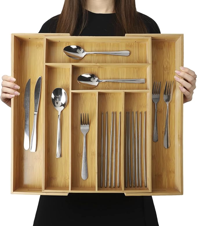 Expandable Bamboo Drawer Organizer - Adjustable Silverware Tray, Cutlery And Utensil Holder for Kitchen Drawer, Multi-Use Storage Tray for Office, Home