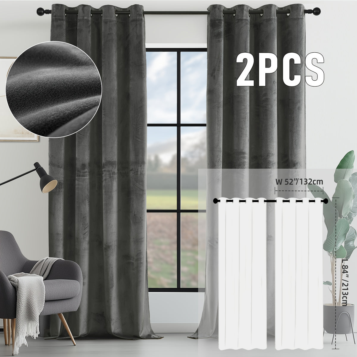 2pcs Velvet Room Darkening Curtains | Vintage Soundproof and Thermal Insulated, Elegant Soft Velvet Grommet Top Curtains for Living Room and Bedroom, Unlined, Solid Color, Fashionable Valentine'S Day Décor