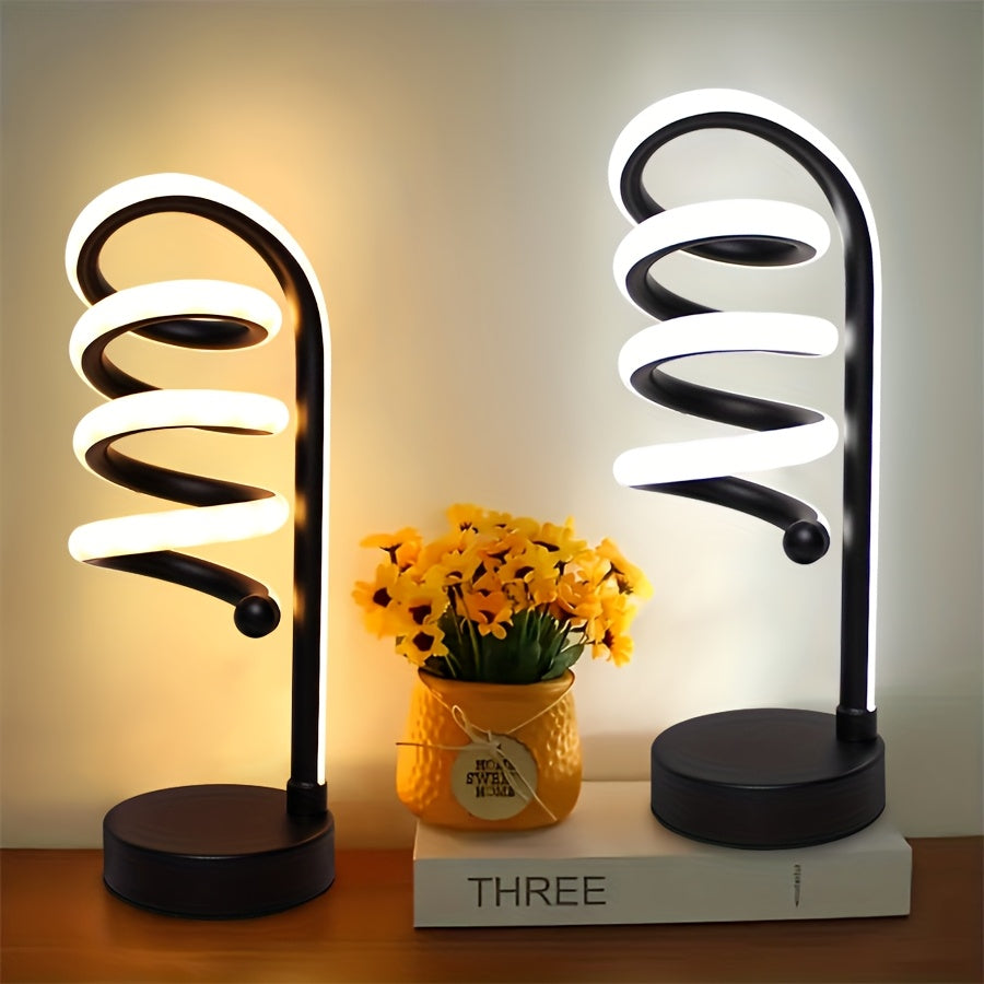 Bedside Table Lamp for Bedroom - 2/1 Pack Touch Lamp USB C Charging Ports, 3 Way Dimmable Modern Minimalist Dimmable Spiral Table Lamp for Living Room, Desk, LED Bulb Included (Black/White)
