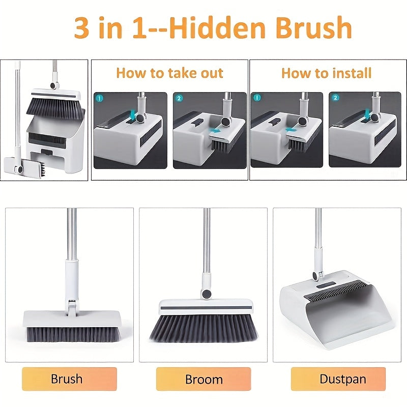3-in-1 Upright Broom And Dustpan Combo, Long Handle Floor Sweeping Brush Set With Comb Teeth Dustpan, Garbage Bag Holder, Indoor Outdoor Cleaning Kit For Kitchen, Balcony, Patio, Garage, Party Cleanup